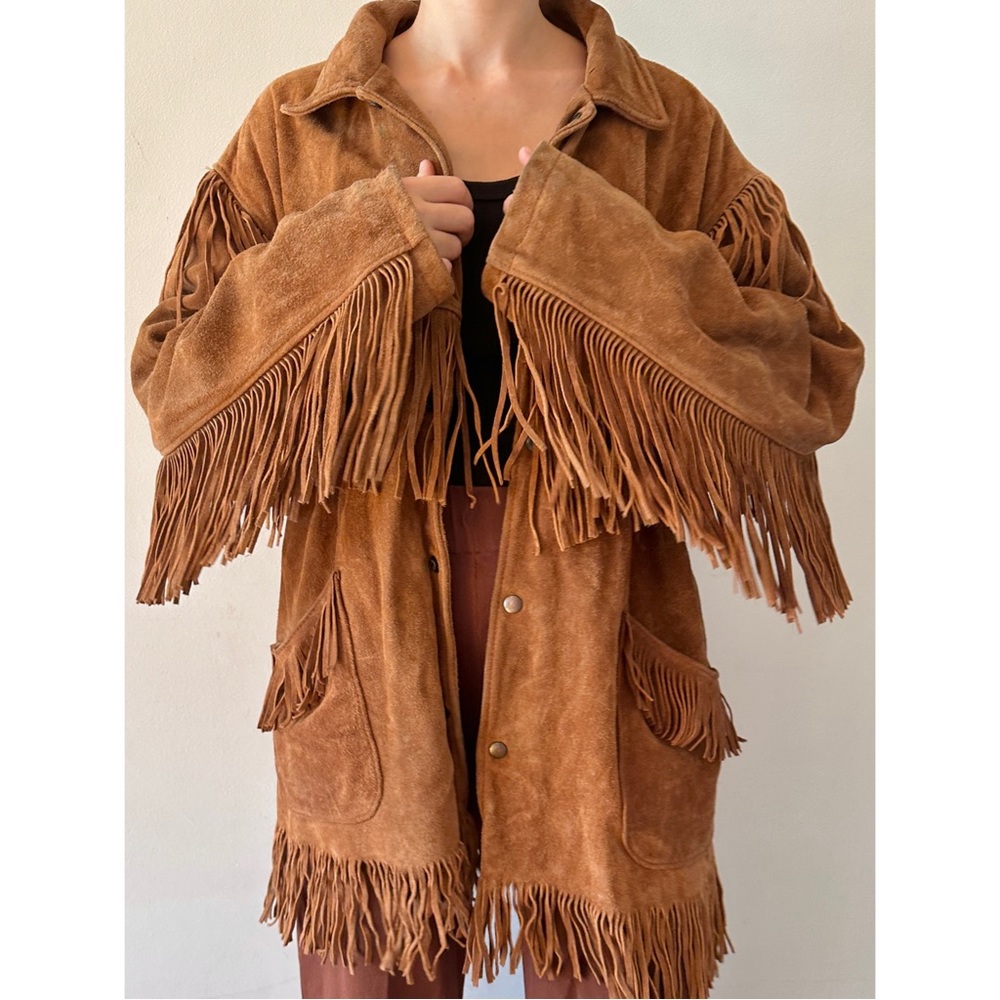 VINTAGE CINNAMON SUEDE LEATHER FRINGES JACKET WESTERN OVERSIZED UNISEX M-XL